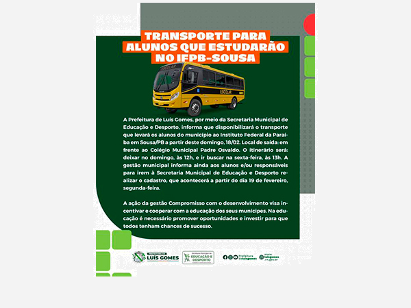 Prefeitura de Luís Gomes disponibilizará transporte para estudantes irem ao Instituto Federal da Paraíba