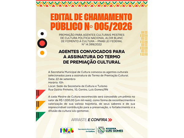 Luís Gomes divulga resultado do Edital nº 005/2026 e valoriza Mestres da Cultura